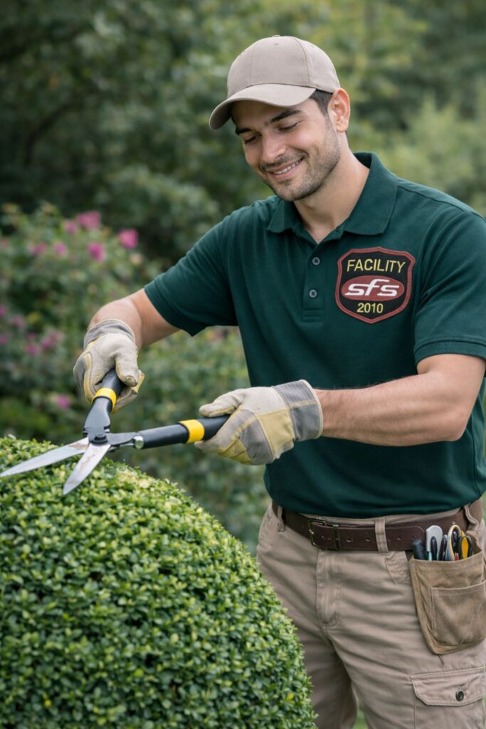 sfsindia horticulture service staff is shaping a bush